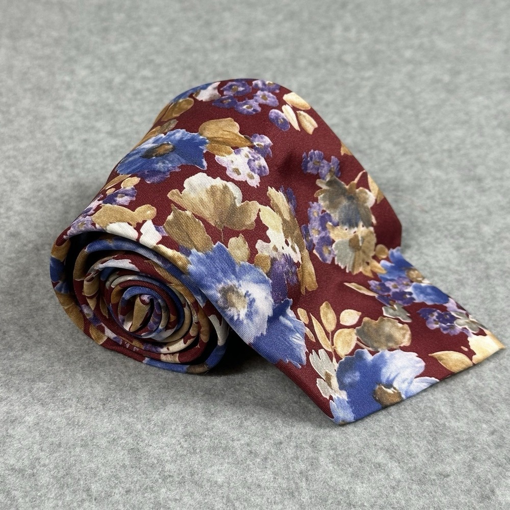 Oleg Cassini Vintage Floral‎ Tie Burgundy Blue Gold Wide Neck Tie 56x3.5in